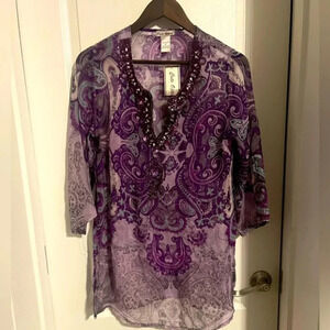 Sheer Boho‎ Purple Beaded Top Womens M
